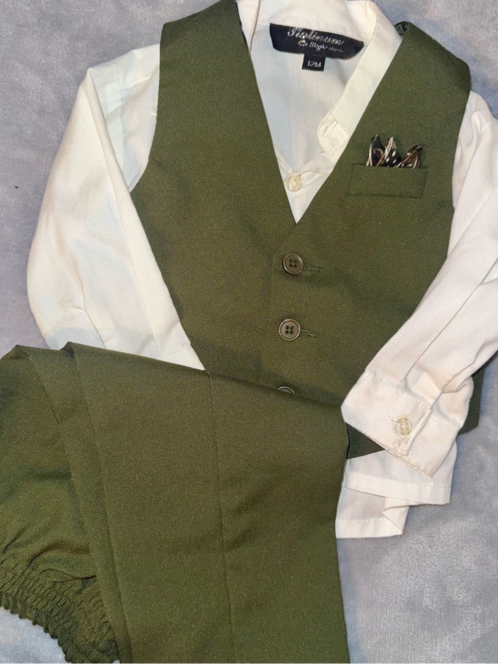 Kids Olive Green Vest & Pants Set with White Shirt by Unknown Brand
